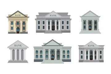 Fotobehang Bank buildings icons set isolated on white background. Front view of court house, bank, university or governmental institution. Vector illustration. Flat design style. Eps 10. © nazarkru