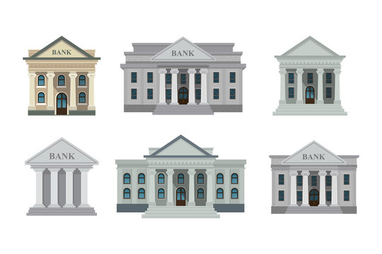 Bank buildings icons set isolated on white background. Front view of court house, bank, university or governmental institution. Vector illustration. Flat design style. Eps 10.