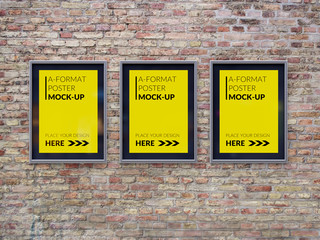 Empty advertising poster (banner) - mockup template on brick wall. 3D rendering
