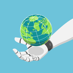 Isometric robot hand holding the world or planet earth
