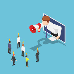 Isometric businessman come out from monitor and shout on megaphone to refer a friend