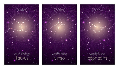 Fototapeta na wymiar Set of three cards with Zodiac constellations and abstract geometric symbol against the starry sky.