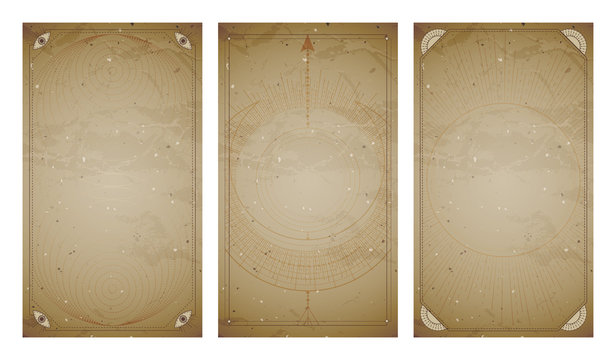 .Vector set of three vintage backgrounds with geometric symbols and frames. Abstract geometric symbols and sacred mystic signs drawn in lines.