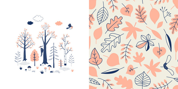 Forest wildlife childish fashion textile graphics set with t-shirt print and accompanied tileable background in decorative Scandinavian style. Woody landscape scene illustration. Woodland Tree Leaves