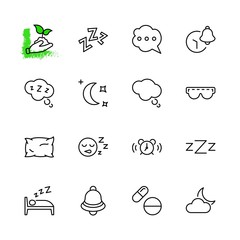 Sleep Vector Line Icons Set. Contains such Icons as Alarm Clock, Bed, Insomnia, Pillow, Sleeping Pills, Bell, Glasses for sleep, Bubble and more. Editable Stroke. 32x32 Pixel Perfect
