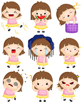 A Vector Set of Cute Little Girl Expressing Many Emotions with Her Faces