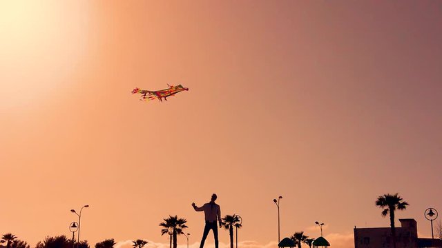 Silhouette di un giovane ragazzo che gioca con l'aquilone sulla spiaggia di fronte le palme al tramonto in riva al mare.
