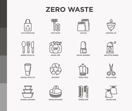 Zero waste thin line icons set: menstrual cup, safety razor, glass jar, natural deodorant, hand coffee grinder, french press, metal scissors, bath body brush, wooden comb. Modern vector illustration.