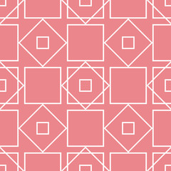  White geometric square design on pink background. Seamless pattern