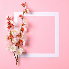 Flat lay frame with blossom sakura branches, leaves and petals on watercolor spring background. Top view, floral frame, abstract design. Invitation, greeting card or an element for your design.