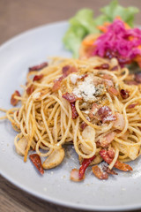 closeup spicy bacon spaghetti