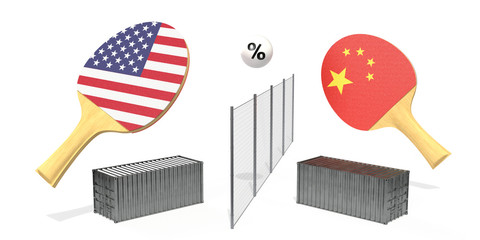 tariff wall between usa and china on white background