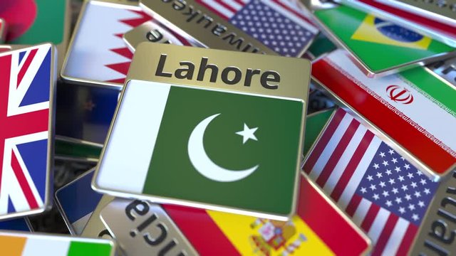 Souvenir magnet or badge with Lahore text and national flag among different ones. Traveling to Pakistan conceptual intro animation