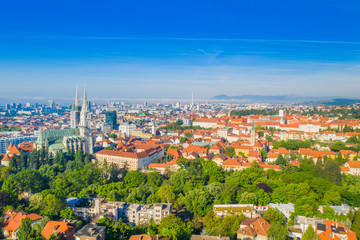 Fototapeta na wymiar Zagreb, capital of Croatia, city center aerial view from drone, cathedral, Ribnjak park and Upper town