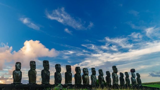 Time-lapse of Ahu tongariki Moais silhouette at sunrise