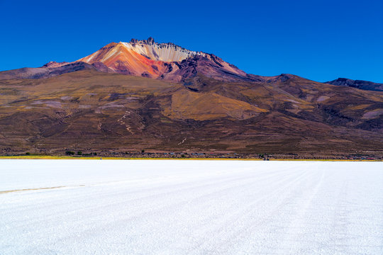 View of Salar de Uyuni Volcan Tunupa and the village of Coqueza