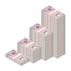 Isometric money banknotes stacks rising up graph. Big pile of 20 pound sterling bills. Cash flow stairs. Business concept profit growth. Vector illustration