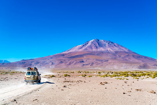 View of the dormant volcano Tunupa at the edge of the Uyuni Salt Flat in Bolivia
