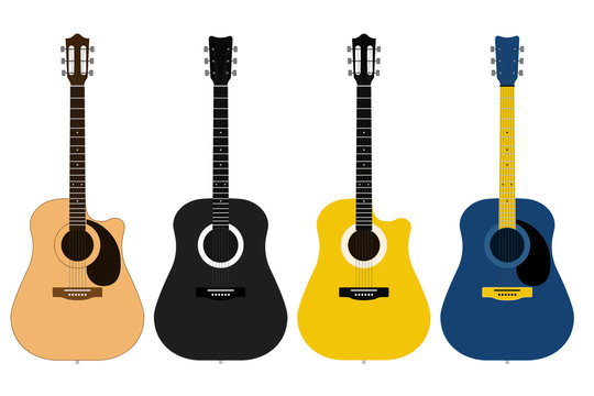 A set of acoustic classic guitars of different colors on white background. String musical instruments