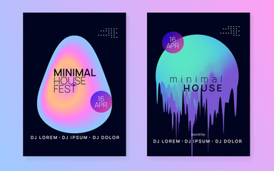 Music flyer set. Minimal house show presentation template. Fluid holographic gradient shape and line. Electronic sound. Night dance lifestyle holiday. Poster for summer fest and music flyer.