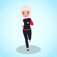 Young girl in abaya tracksuit. Early morning run.