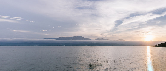 Beautiful lake and mountain during sunset landscape in Panorama at Phayao Lake, Phayao, Thailand