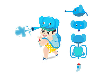 Kid funny play with elephant water gun in Songkran day Thailand festival.Charater child desgin with  water gun design illustration