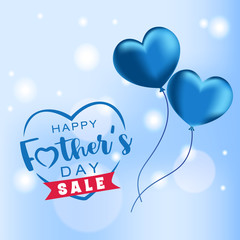 Happy Father's Day Sale lettering with flying heart shaped balloons on blue bokeh lights