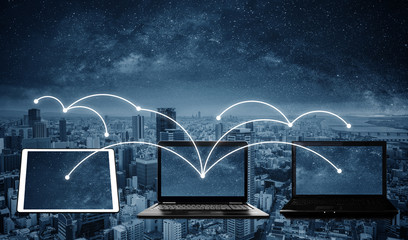 laptop computers with network connection and sharing data to other devices. Internet networking and connection