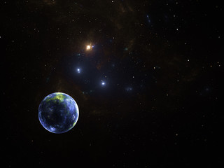 Starfield, stars and space dust scattered throughout a vast universe. Alien Planet Illustration, cosmic abstract artwork. Infinite endless space, interplanetary travel deep space exploration