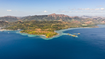 Seascape in the Philippines. Sea coast with mountains and islands aerial view.Philippines, Palawan