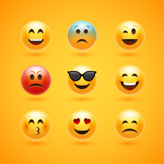 Emoticon face smile vector icon. Emotion happy emoji expression cartoon character