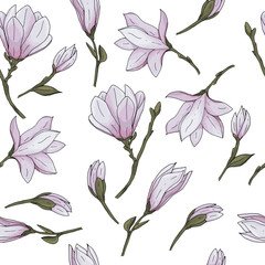 Seamless pattern with hand drawn magnolia flower with branches and leaves vector illustration