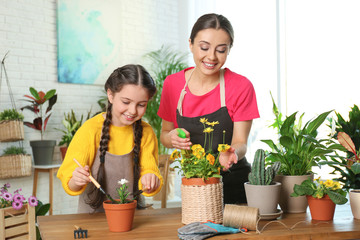 Mother and daughter taking care of potted plants at home