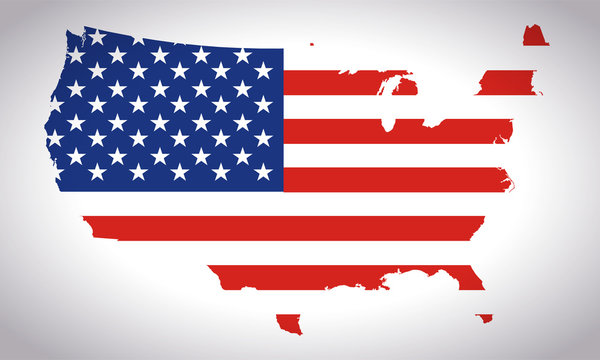 Vector map of the USA having the color of the national flag of America Stars and Stripes.