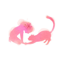 Girl playing with cat silhouette on watercolor background. The concept of trust, friendship and pet care. Digital art painting. Vector illustration.