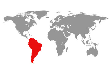 Fototapeta na wymiar World map and highlighted South America red color.