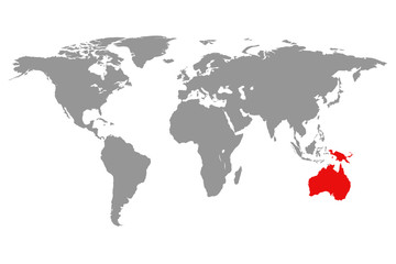 Australia continent red marked in grey silhouette of World map. Simple flat vector illustration.