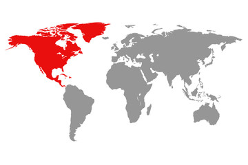North America continent red marked in grey silhouette of World map. Simple flat vector illustration.
