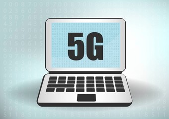5G network icon and smartphone. 5G new wireless internet wifi connection. Fifth innovative generation of the global high speed Internet network. Business concept banner. binary code background.