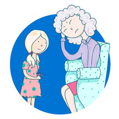 Daughters-mothers. A weak mother, a caring independent daughter, a mother not self-confident, not taking responsibility. Vector illustration.