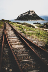 Figarolo isle with railroad and sea. Golfo Aranci, Sardinia