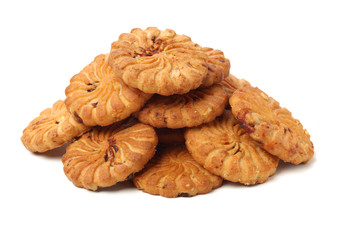 Biscuits with whole-wheat flour. Crunchy, grains  on white background