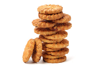 Biscuits with whole-wheat flour. Crunchy, grains  on white background