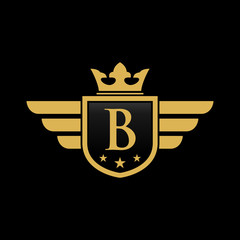 B initial wing with shield and crown, Luxury logo design vector
