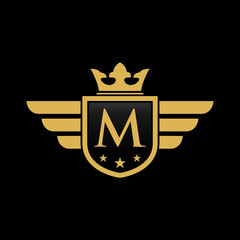 M initial wing with shield and crown, Luxury logo design vector
