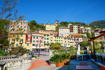 Obraz premium Breathtaking view of Liguria region in Italy. Awesome villages of Zoagli, Cinque Terre and Portofino. Beautiful Italian city with colorful houses.