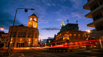 Old building in night time phuket town Thailand