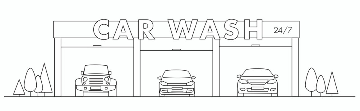 Car wash linear illustration with cars and signboard