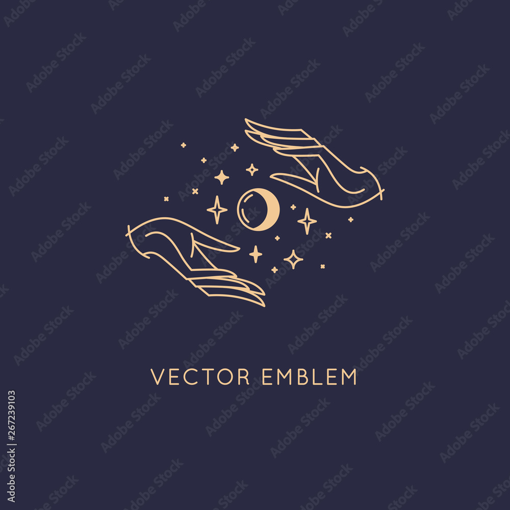 Poster Vector abstract logo design template in trendy linear minimal style - hands and stars